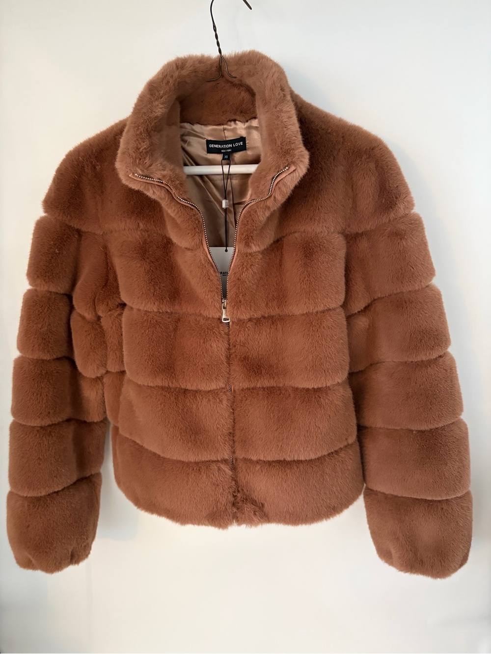 NWT Generation Love Jodi Faux Fur Jacket Fawn Beige Tan Oversized Zip size XS